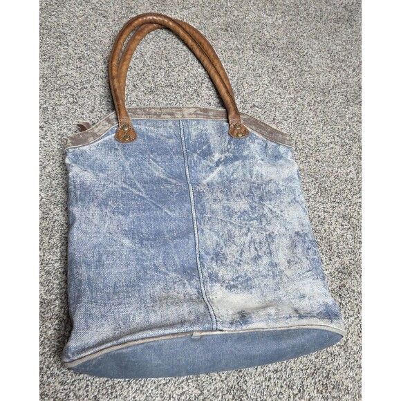 Mona B Collins Tote Bag Distressed Leather Denim Rustic Purse Handbag - Picture 4 of 14